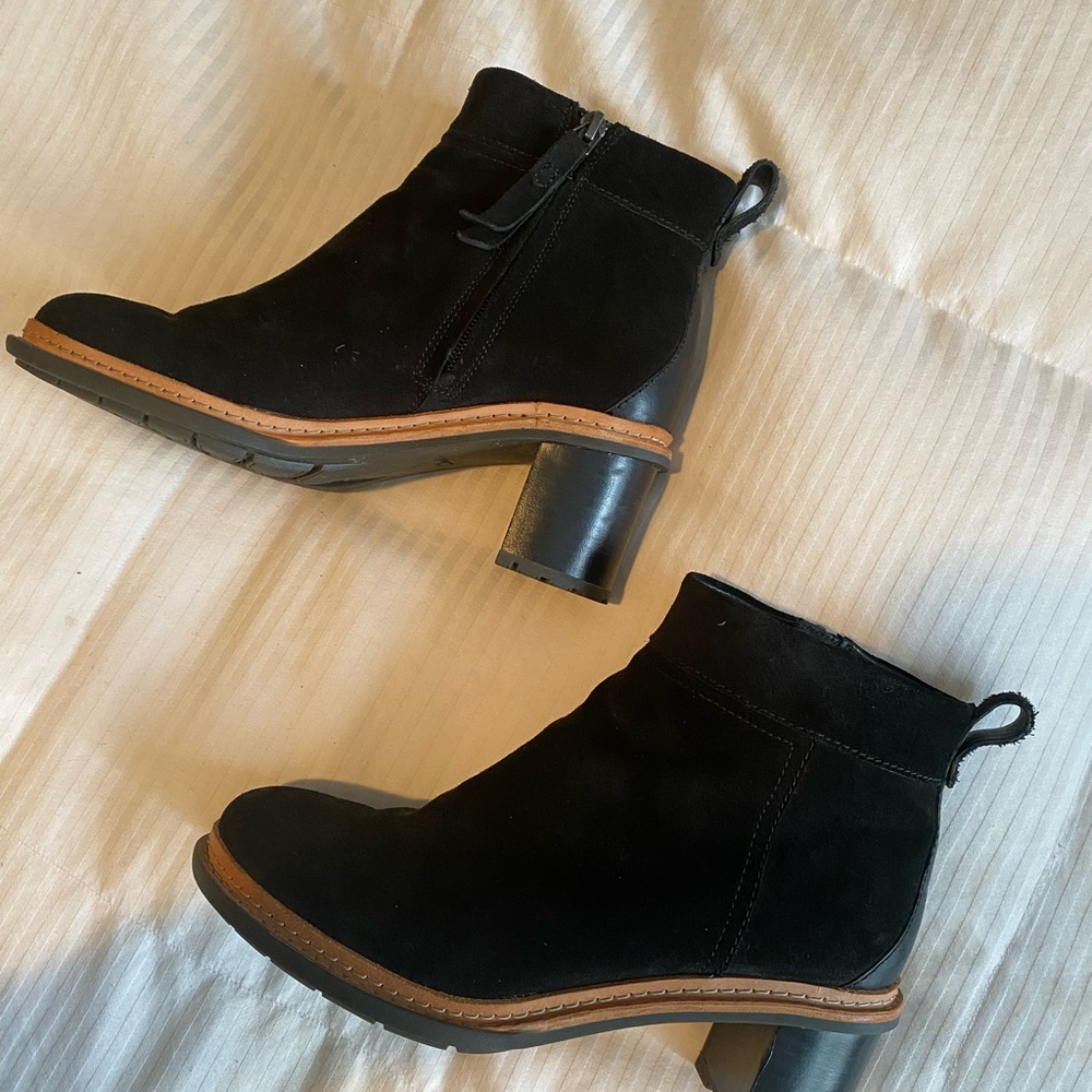 Clarks Black Suede Ankle Boots with Brown Trim